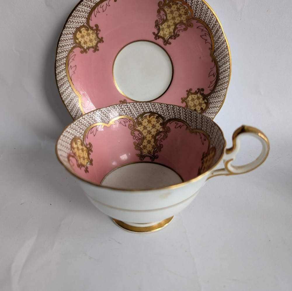 Aynsley China Tea Cup & Saucer England Pink Yello Gold Rim